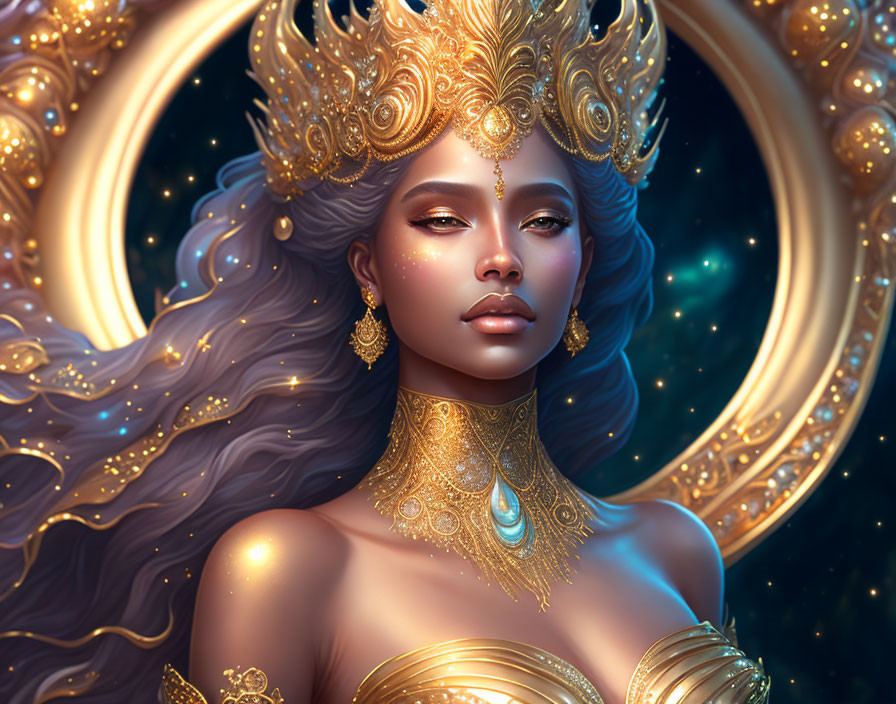 Illustrated portrait of woman in celestial attire with flowing hair on starry backdrop