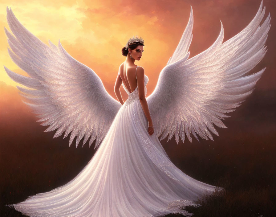 Elegant figure with large white wings in a glowing scene