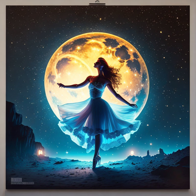 Woman dancing under large moon on starry night with rock formations and lanterns