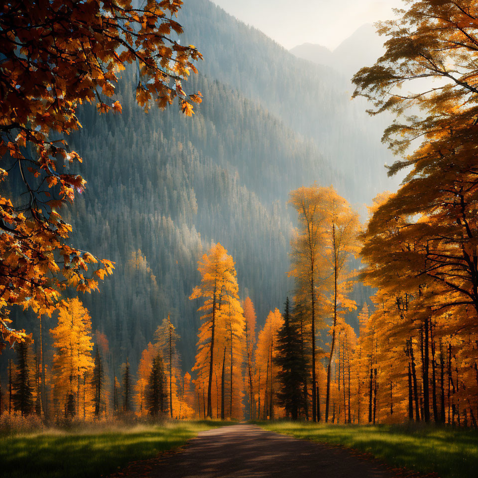 Golden Trees in Autumn Forest with Sunlight and Mountain Backdrop