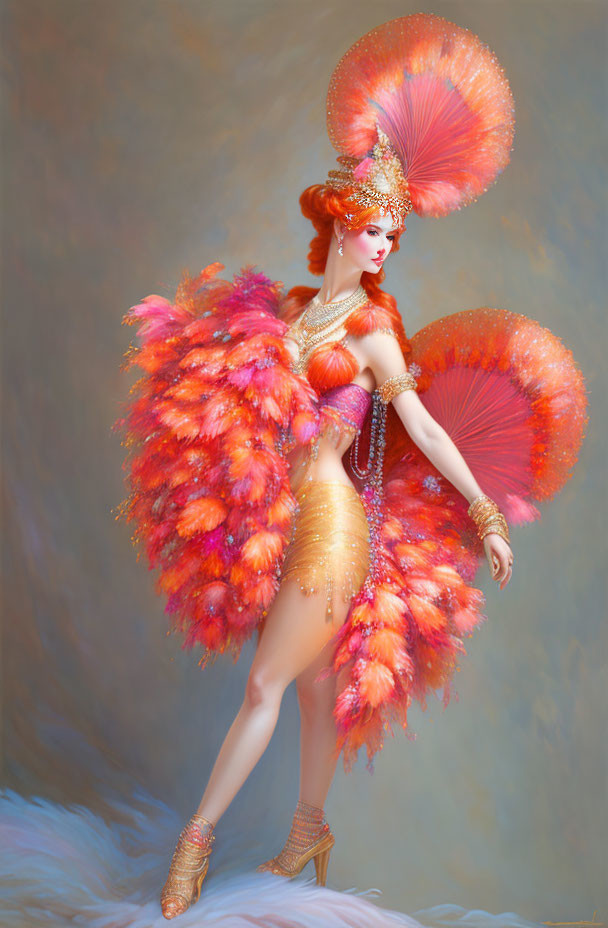 Elegant woman in ornate costume with feathers and sparkling headdress pose in orange and pink hues