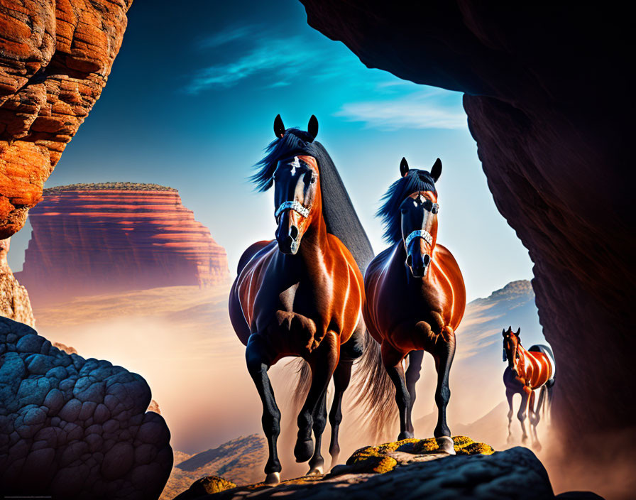 Majestic horses near rocky cave in vibrant desert landscape