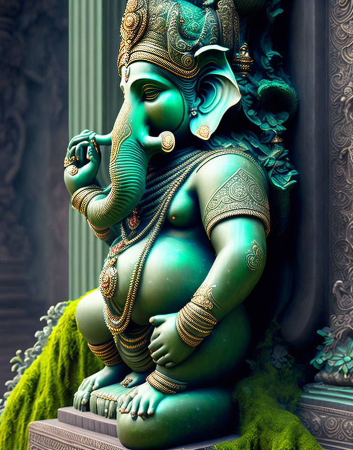 Ornate Lord Ganesha Statue in Rich Green and Gold Detail on Mossy Background