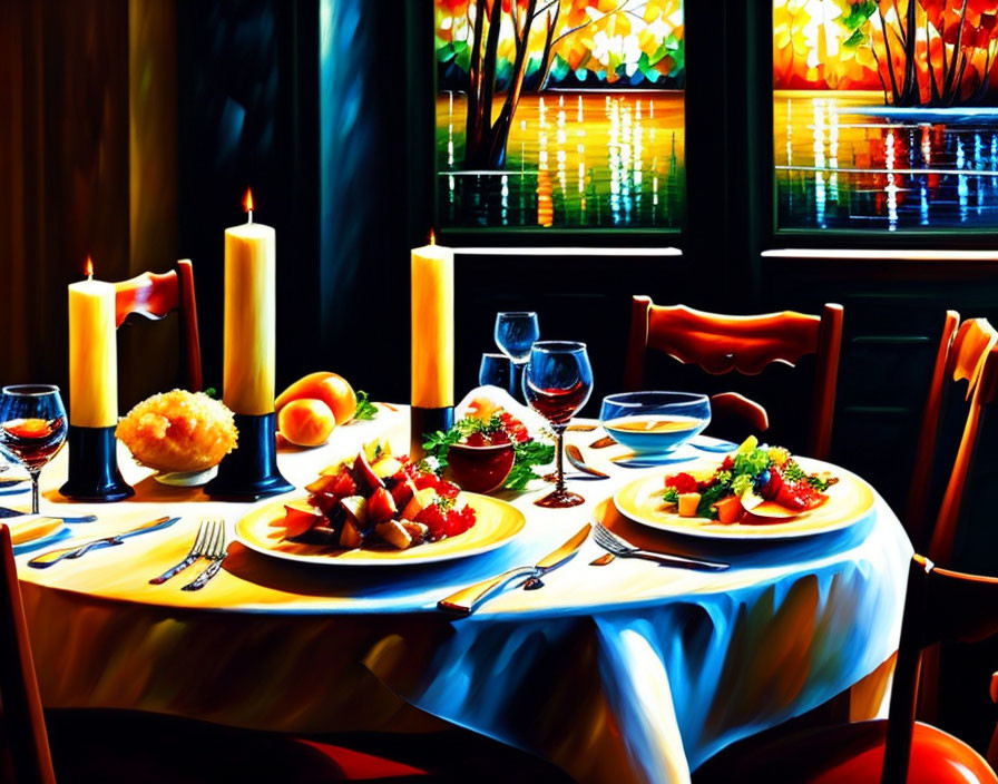 Romantic dinner painting with vibrant colors and candlelit ambiance