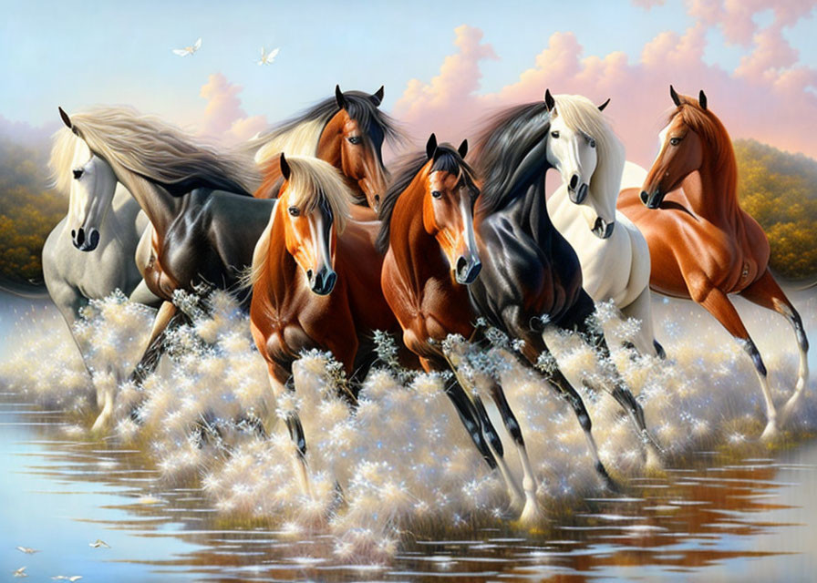 Seven Majestic Horses Galloping Through Water with Trees and Birds