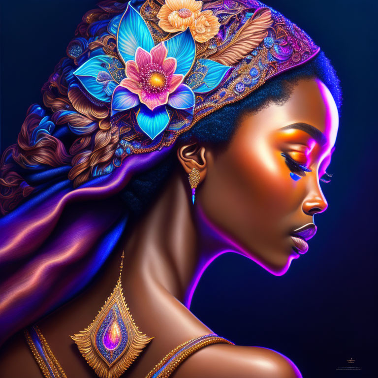 Colorful digital portrait of a woman with glowing skin and accessories on dark background