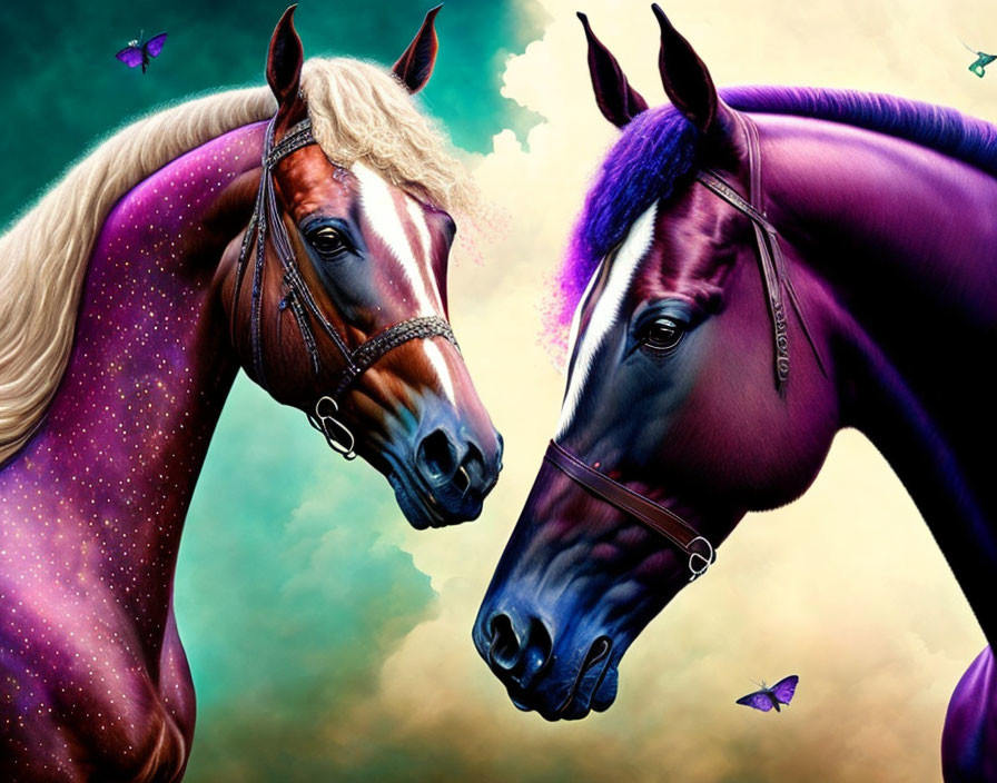 Vibrant purple horses with butterflies on teal background