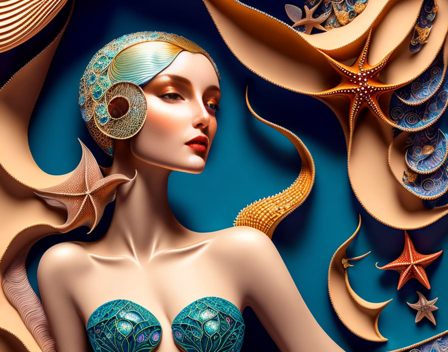 Surreal portrait of woman with ocean life elements