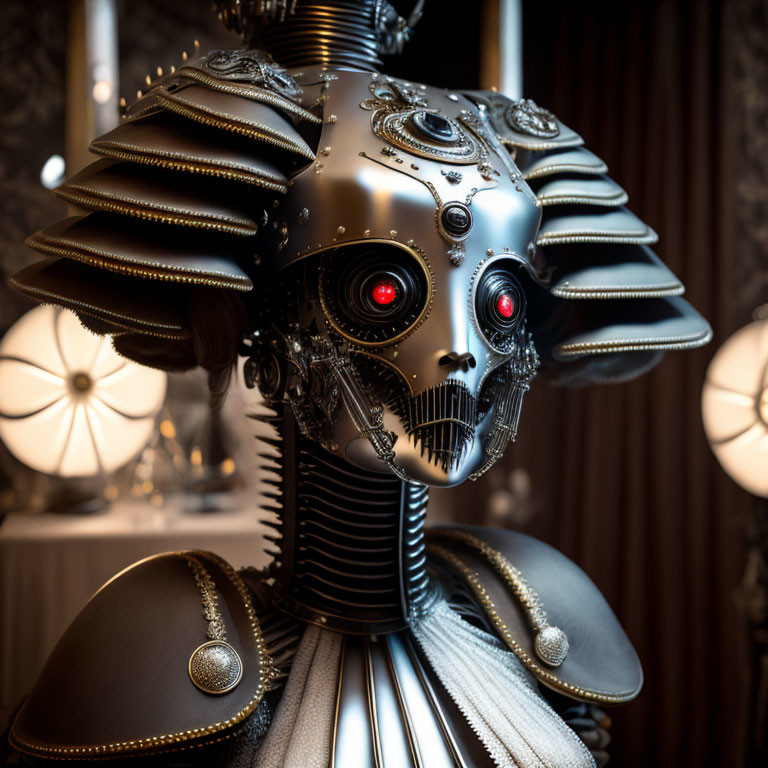 Detailed robotic head with glowing red eyes and black metallic ornamentation.