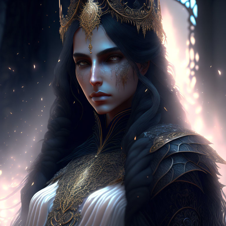 Fantasy female character with dark hair, golden crown, facial jewelry, ornate armor by glowing em