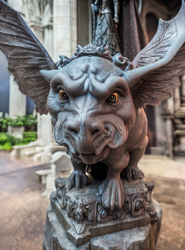 Stone gargoyle with large wings and fierce expression on ornate pedestal.