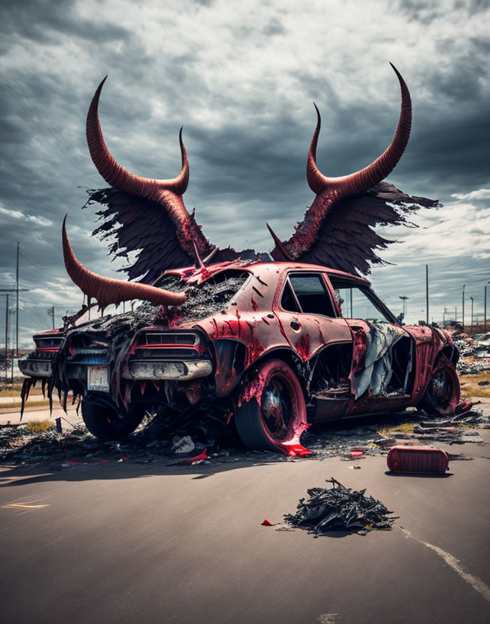 Surreal image: wrecked car with demonic wings in desolate landscape