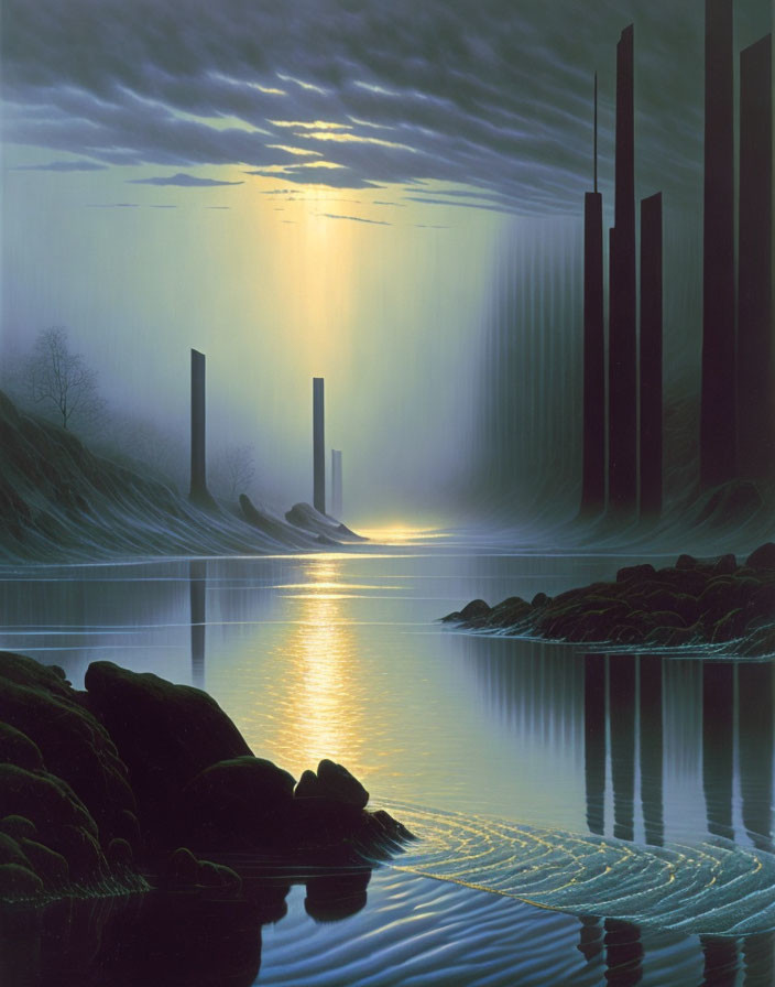 Surreal dusk with industrial silhouettes and radiant sun over calm lake