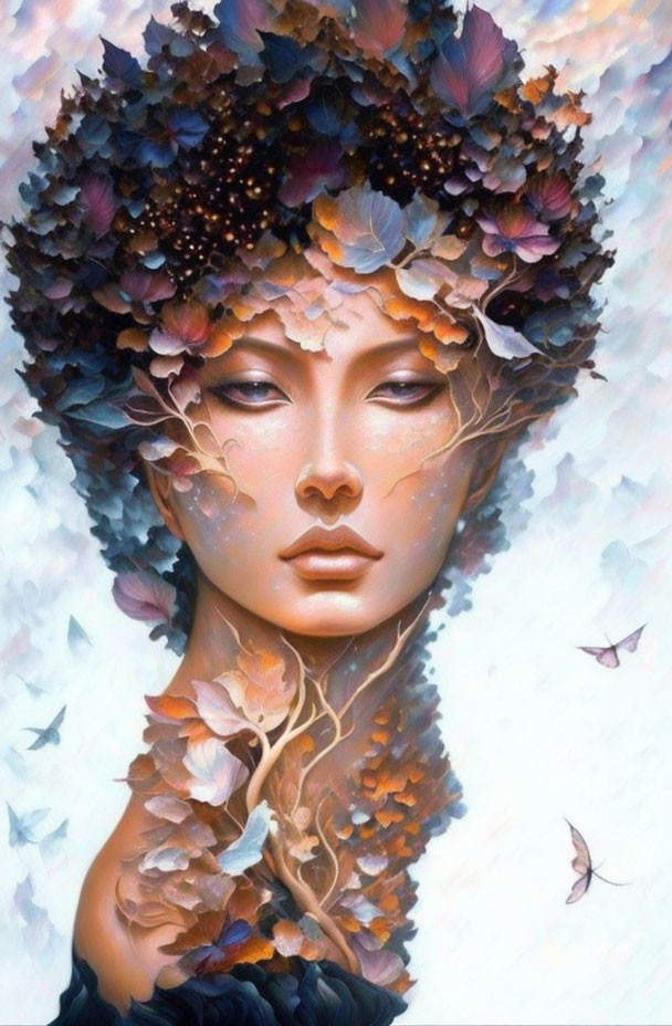 Surreal portrait of woman with floral headdress in pastel setting