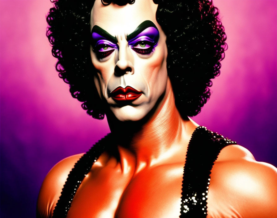 Person with dramatic makeup and retro curly hair on purple background