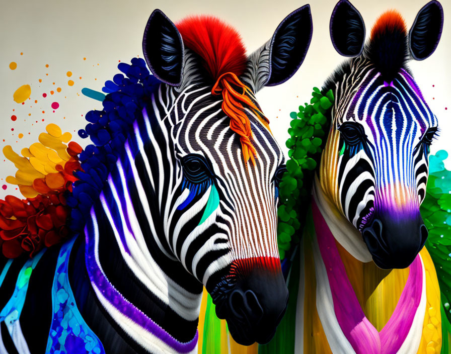 Vibrant zebras with colorful manes on splattered paint background