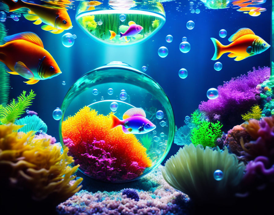 Colorful underwater scene with tropical fish, coral, and sea plants