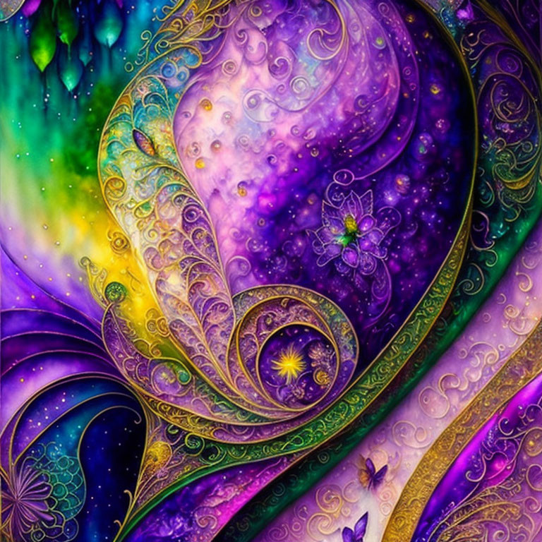 Vibrant abstract art: swirls, florals, glowing elements in purple, green, gold