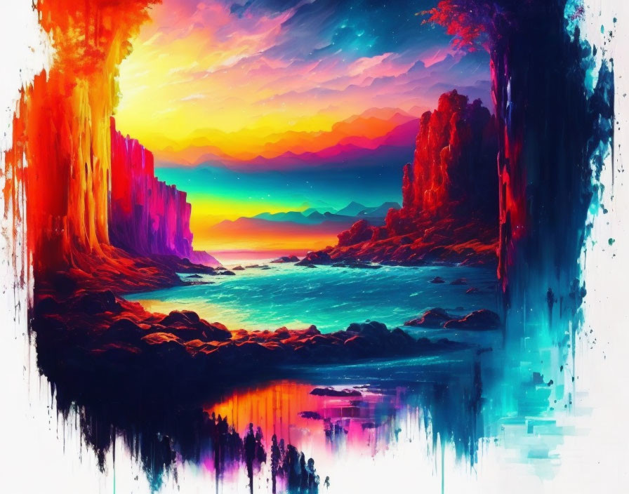 Surreal landscape with colorful skies and rocky cliffs in blues, pinks, and oranges