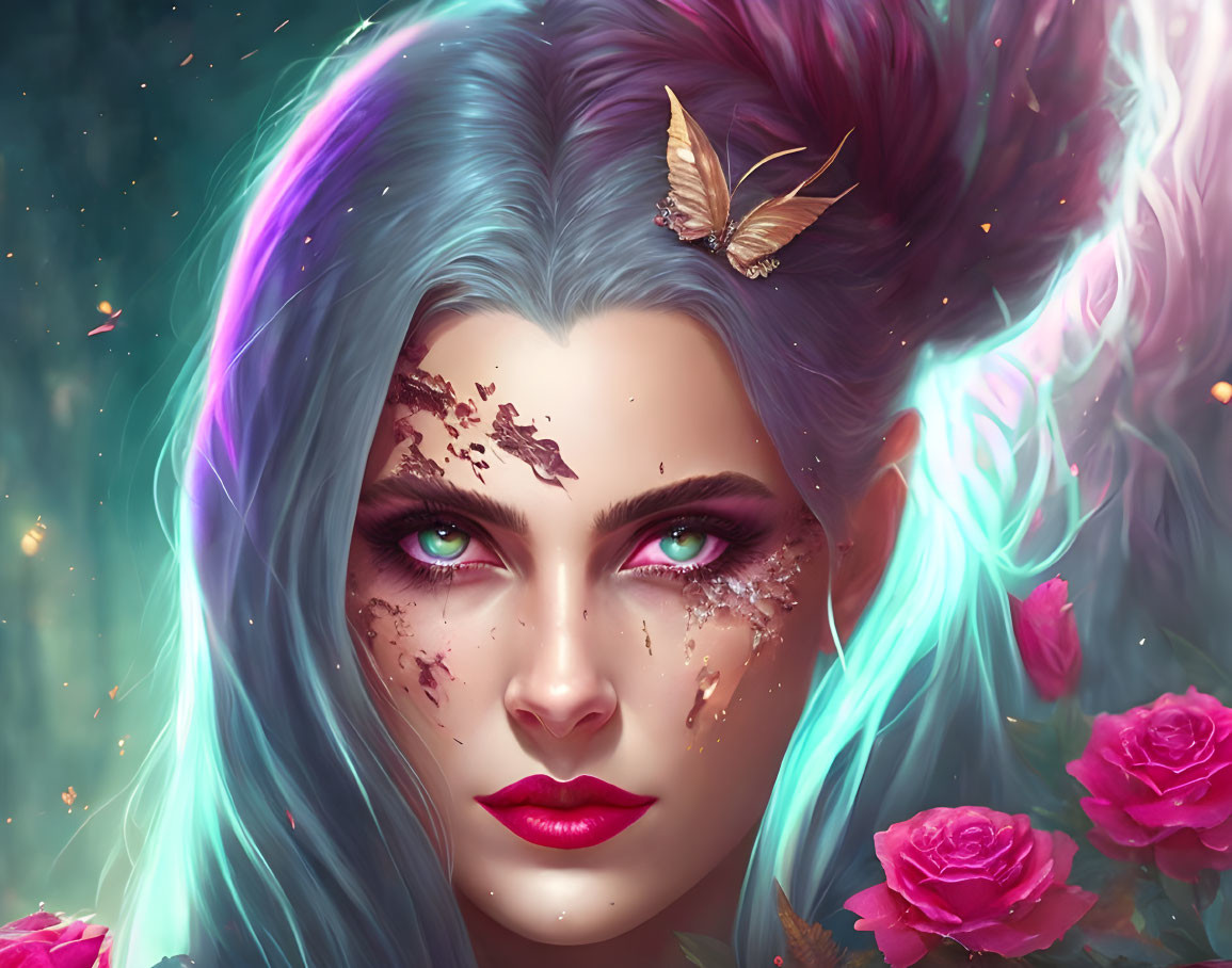 Digital portrait of woman with aqua and purple hair, green eyes, petal scars, butterfly,