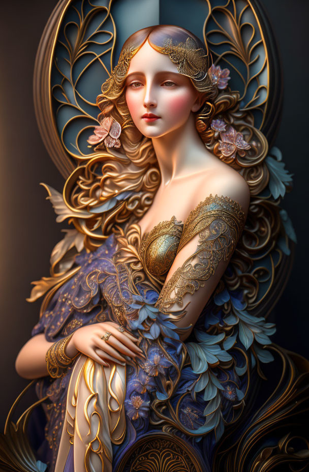 Ethereal digital art: Woman with gold and blue adornments in Renaissance style