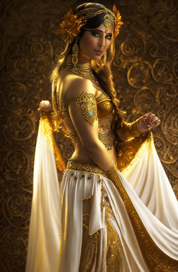 Woman in ornate golden costume with headdress and jewelry against textured backdrop