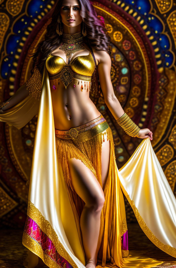 Woman in ornate golden belly dancing attire with yellow skirt and veil against colorful backdrop