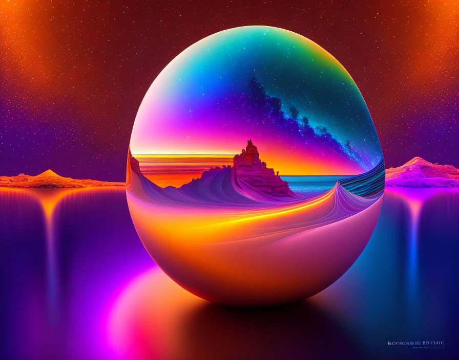 Colorful spherical landscape with starry night sky in digital art