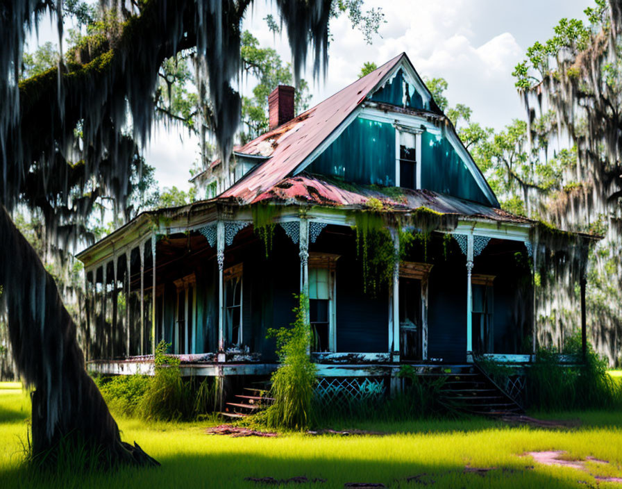 Weathered house with rusty red roof surrounded by Spanish moss-covered trees