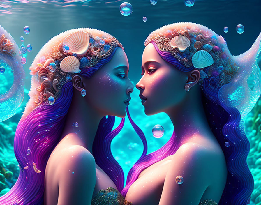 Mermaids with Purple Hair and Shell Accessories Underwater