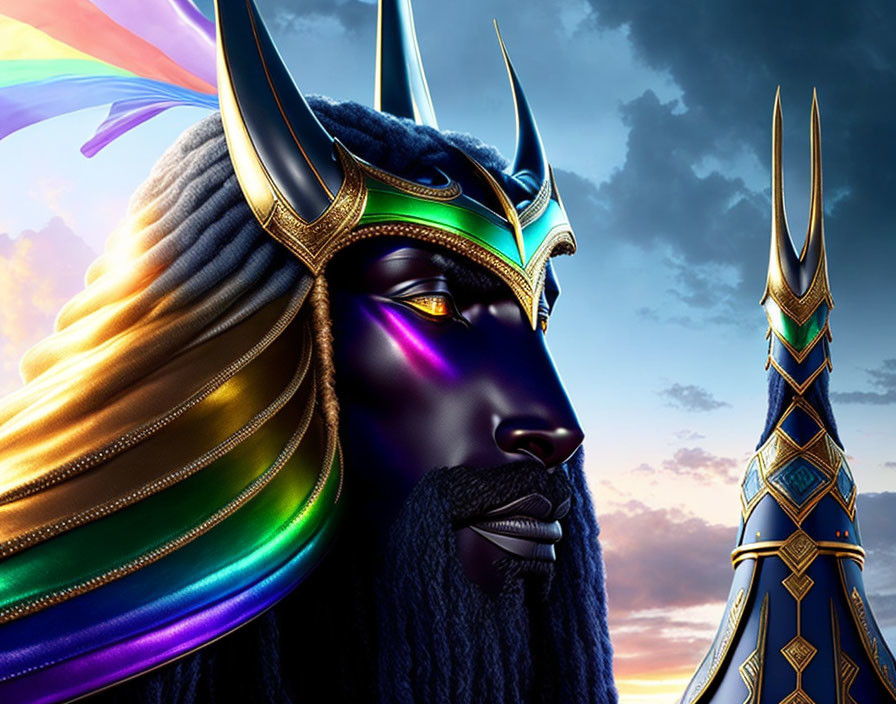 Fantasy digital artwork of majestic headdress in iridescent colors against twilight sky