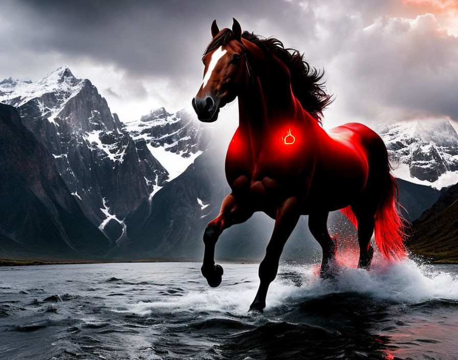 Majestic chestnut horse with fiery mane gallops on water with red outlines