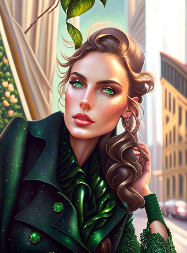 Illustrated woman with wavy hair and green eyes in green coat against cityscape.