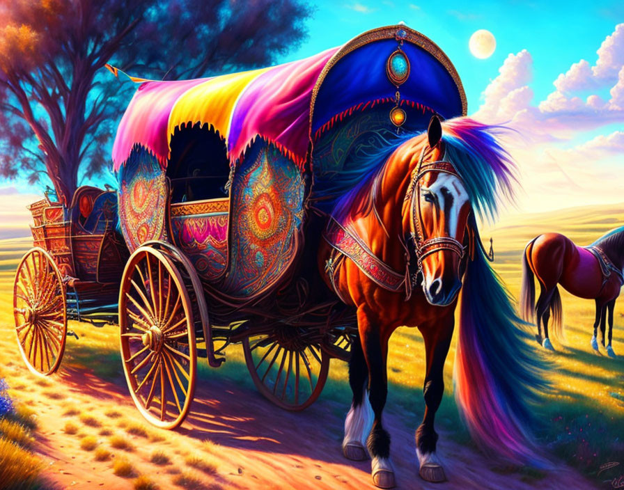 Colorful horse-drawn wagon with decorative patterns under a tree at sunset