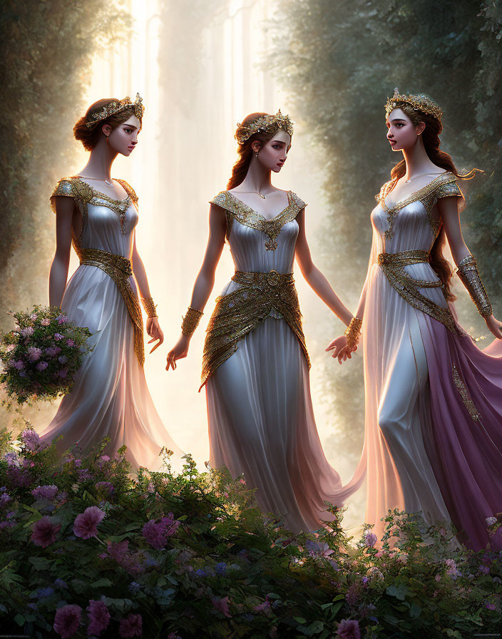 Three elegant women in regal fantasy dresses and crowns in a mystic forest with sunlight filtering.