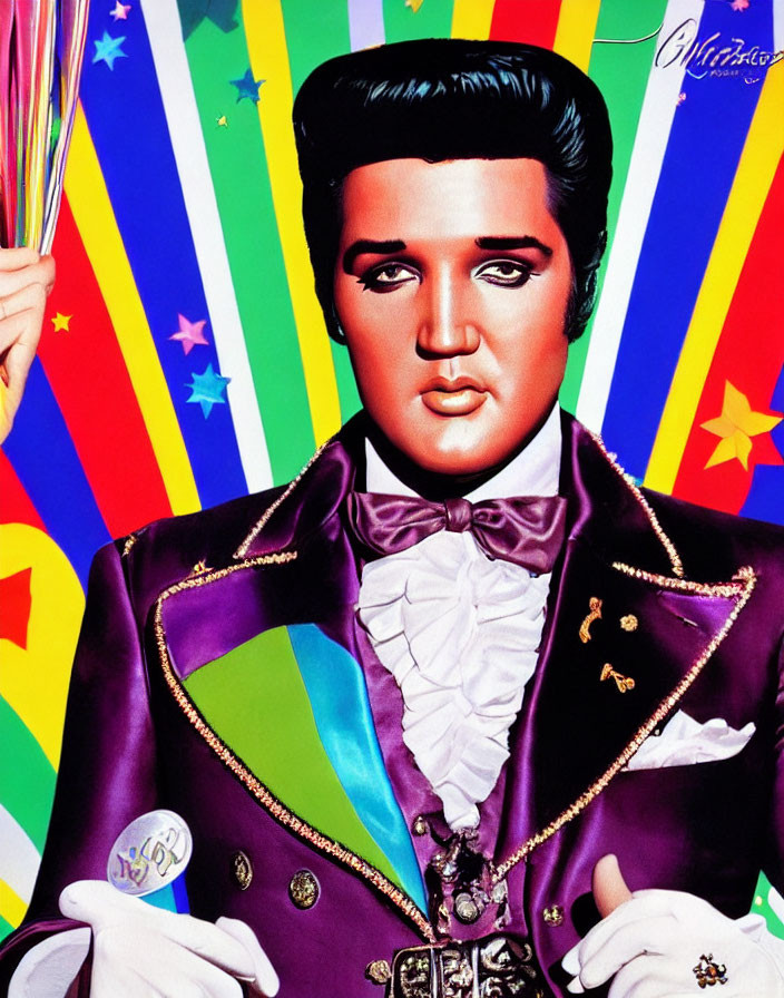 Vibrant pop art portrait of man with pompadour hairstyle in purple jacket