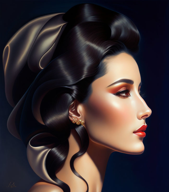 Woman with Classic Hollywood Hairstyle and Pearl Earrings in Elegant Makeup