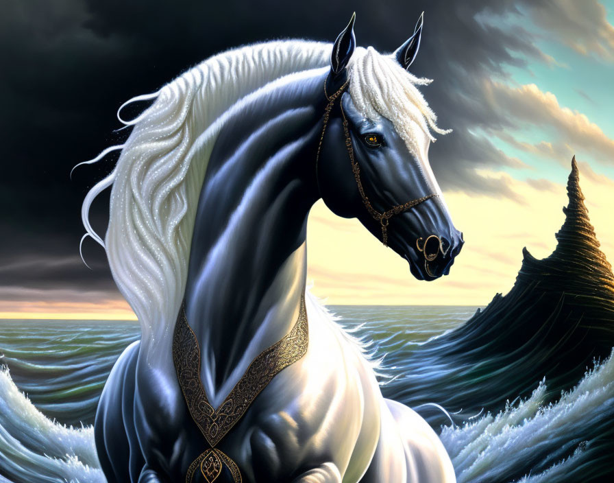 Majestic white horse against dramatic seascape at sunset