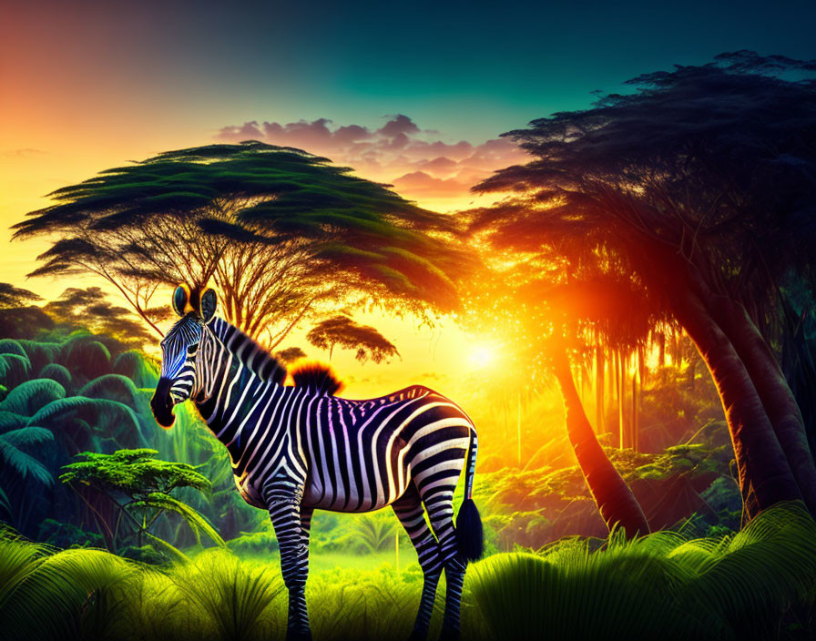 Zebra in Vibrant Savanna Landscape at Sunrise