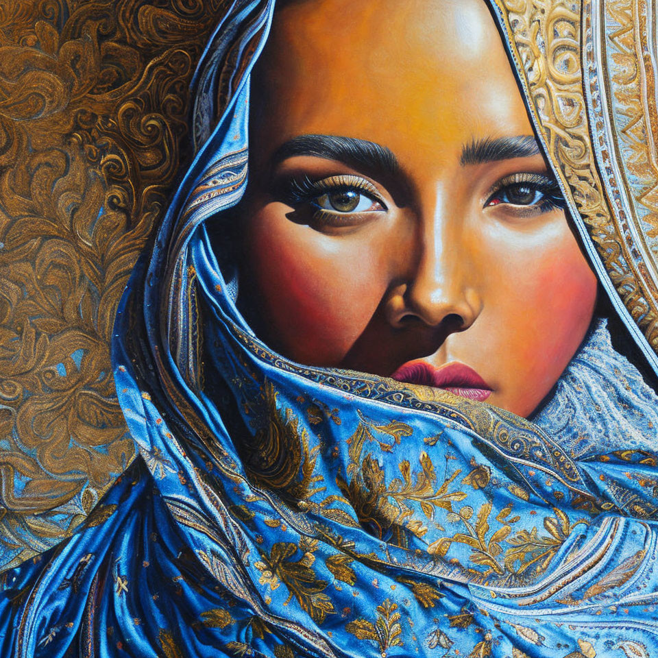 Detailed portrait of a woman in a blue and gold headscarf