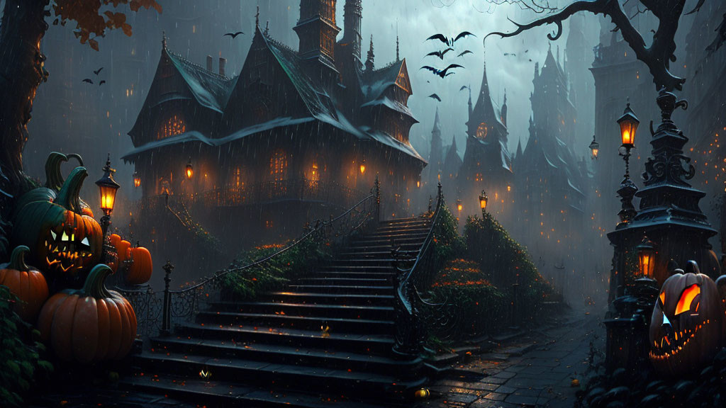 Gothic mansion with pumpkins, bats, and autumn leaves in misty twilight