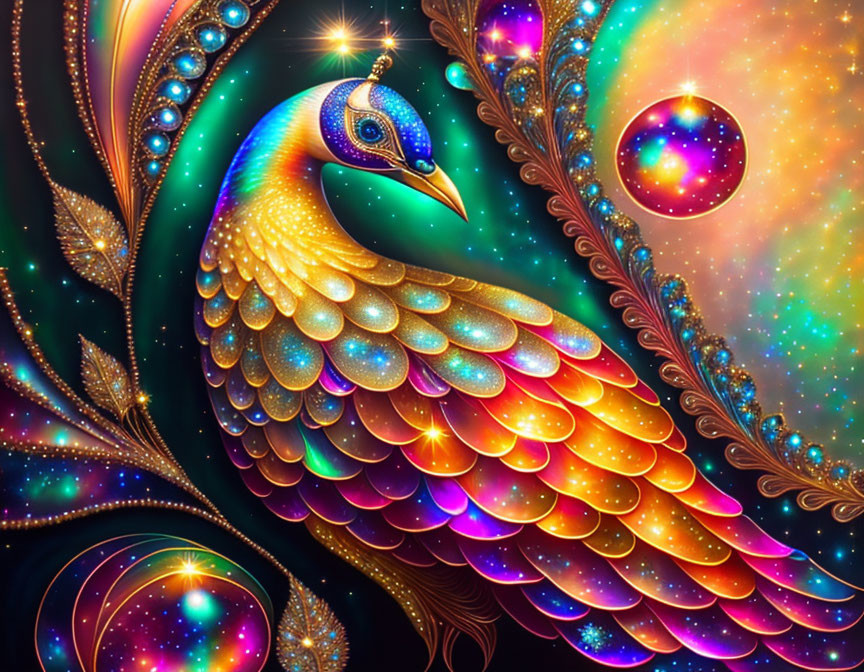 Colorful Peacock Artwork with Cosmic Background in Blue, Gold, and Orange