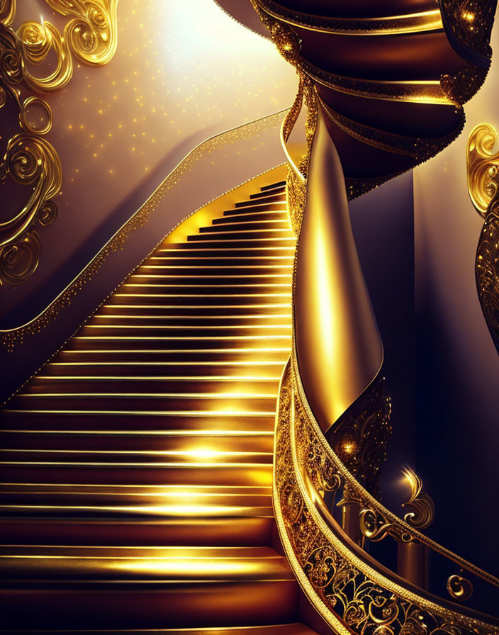 Luxurious golden staircase with intricate designs and opulent drapes