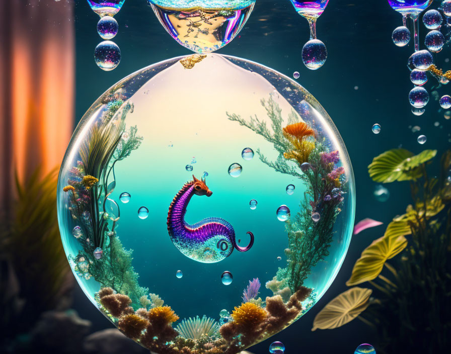 Seahorse in transparent bubble with floating bubbles, coral, and plants under gradient sky