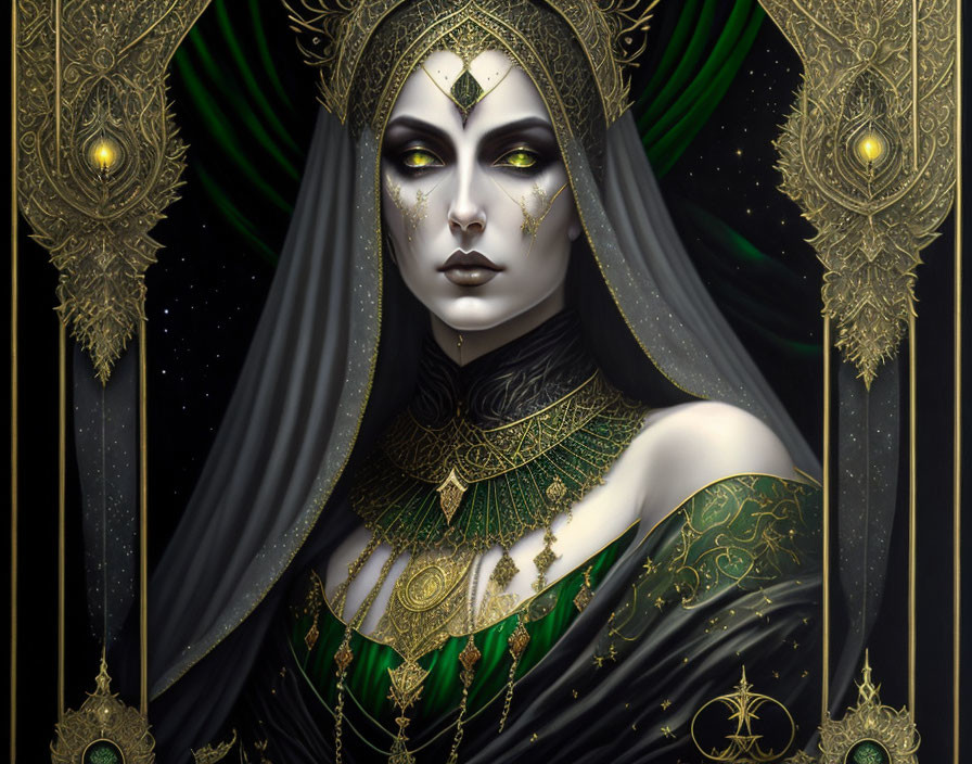 Regal woman with pale skin in golden headgear on dark background