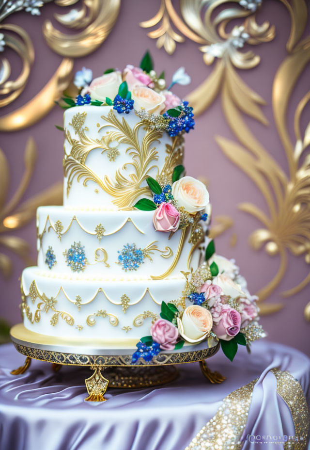 Elegant Three-Tiered White Wedding Cake with Gold Patterns and Floral Decorations