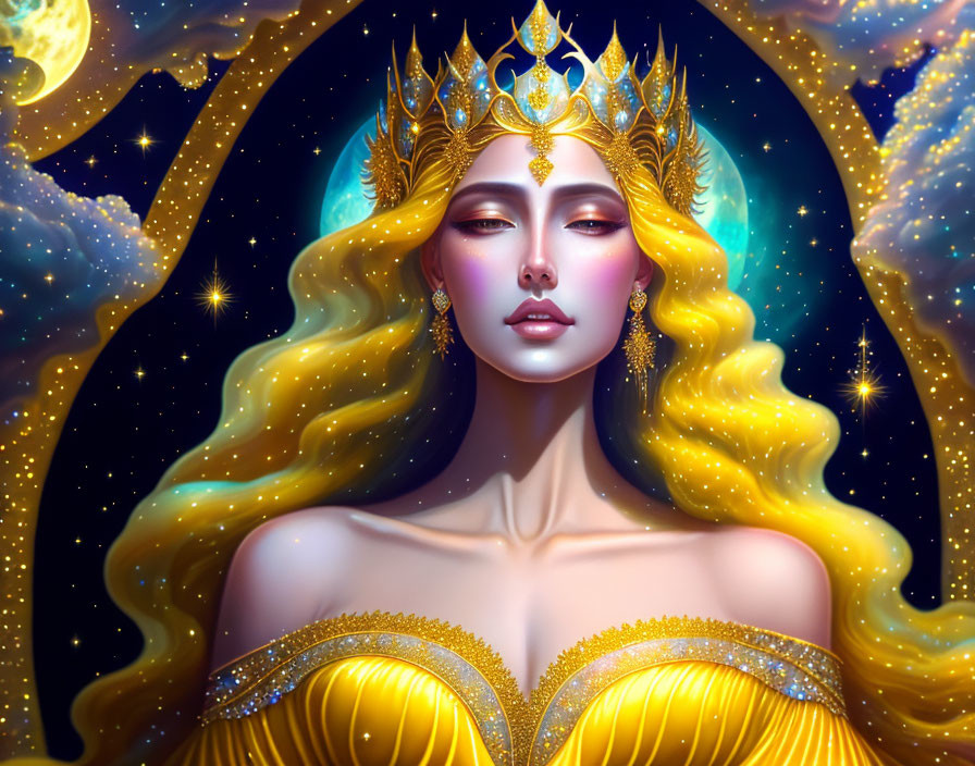 Illustrated Queen with Golden Crown in Cosmic Sky