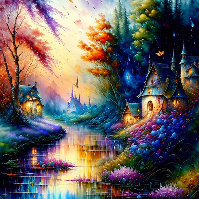 Vibrant fantasy landscape: cottages by river, lush trees, starry sky, butterflies,