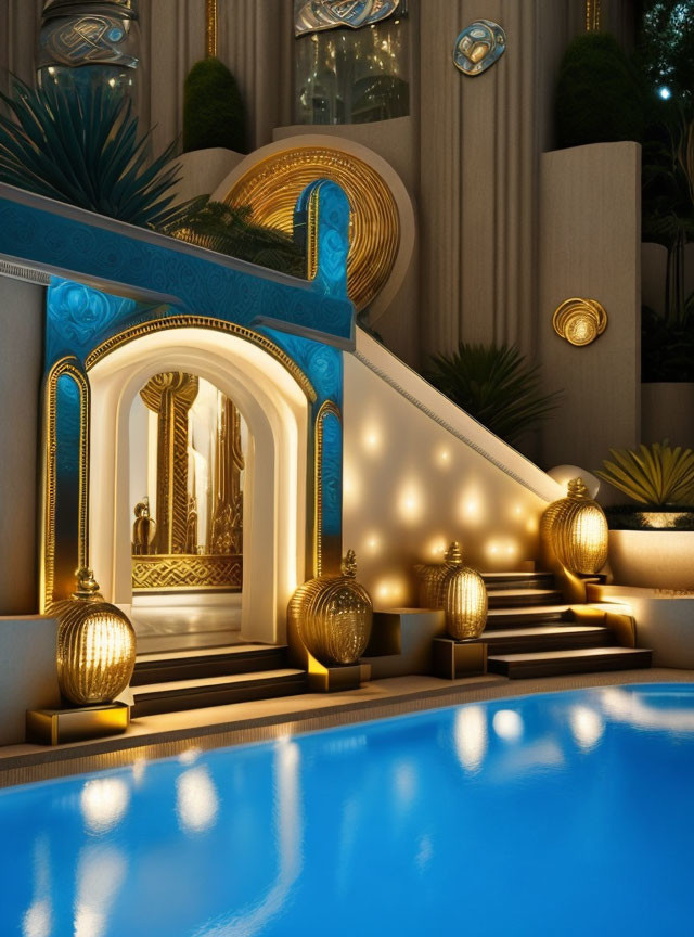 Opulent indoor pool with golden accents and grand staircase