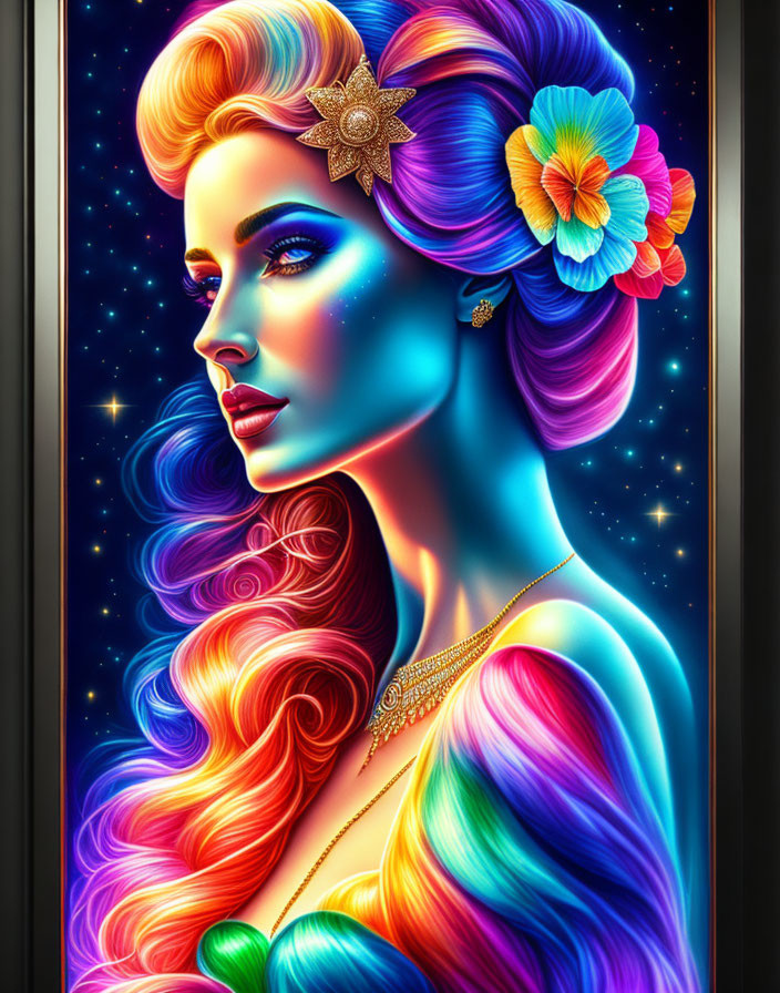 Colorful Woman Illustration with Flowing Hair and Flowers on Starry Background